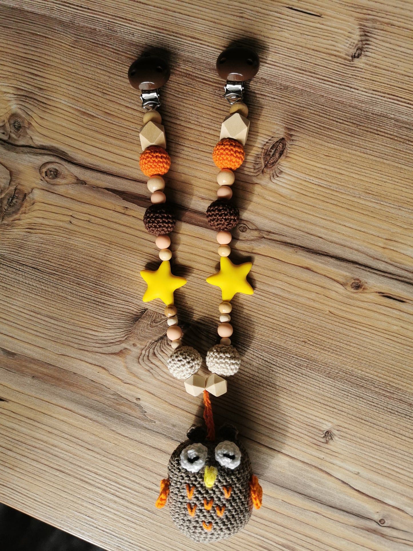 Kinderwagenkette "Eule" gelb/braun/orange