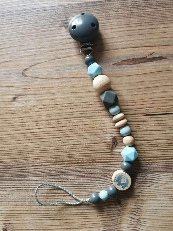 Schnullerkette "Elefant" grau/blau