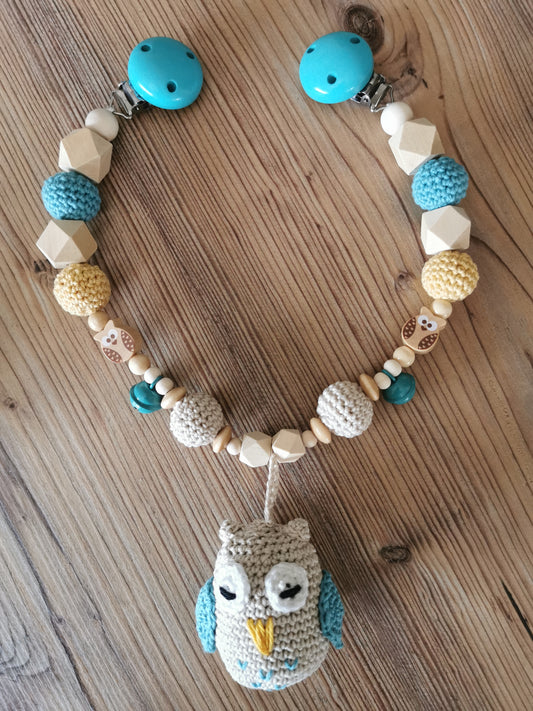 Kinderwagenkette "Eule" beige/türkis/gelb