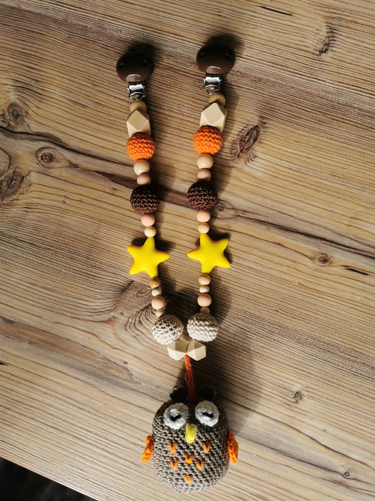 Kinderwagenkette "Eule" gelb/braun/orange