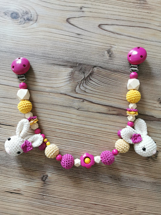 Kinderwagenkette "Häschen" pink/gelb