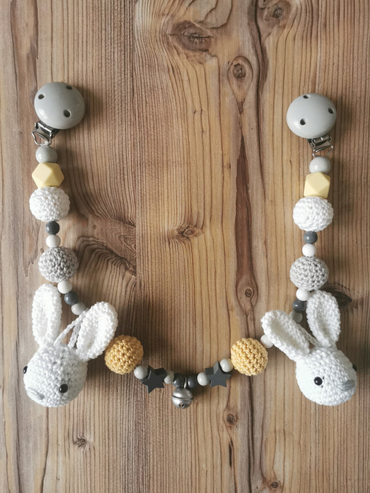 Kinderwagenkette "Häschen" gelb, grau, weiß