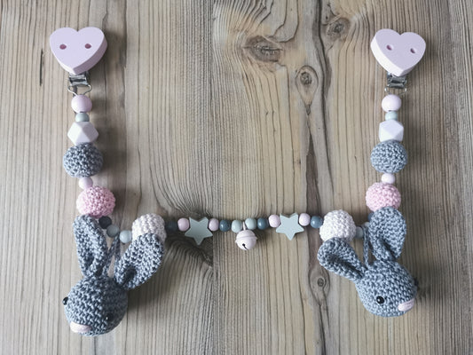 Kinderwagenkette "Häschen" rosa/grau