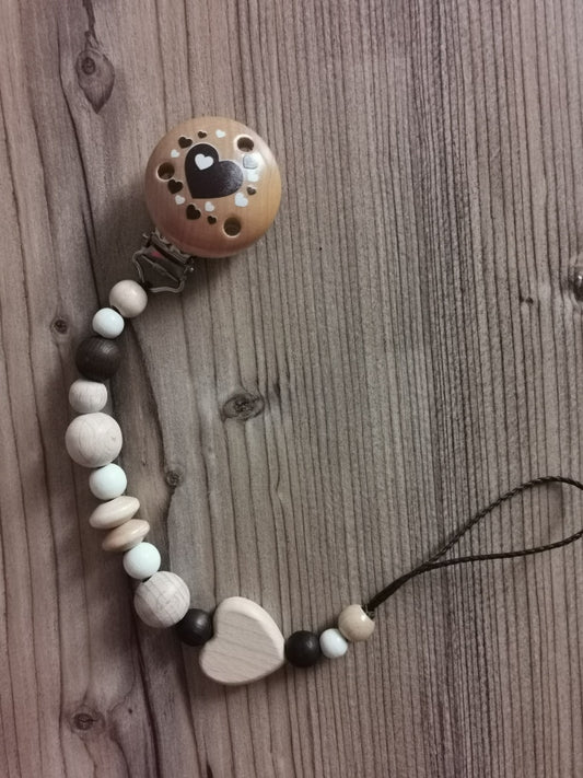 Schnullerkette "Herz" natur/dunkelbraun